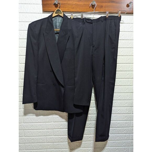 Bachrach Mens Vintage 44T Black Wool Peak Lapel Double Breasted Suit - Picture 1 of 9